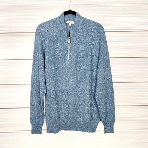 Peter Millar Crown Cashmere Linen Blend Sweater 1/4 Zip Rib Knit Blue size L - Picture 2 of 14